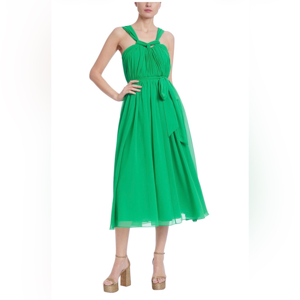 Badgley Mischka Palm Green Chiffon Midi Dress Belted Elegant Occasion Size 6 Nwt